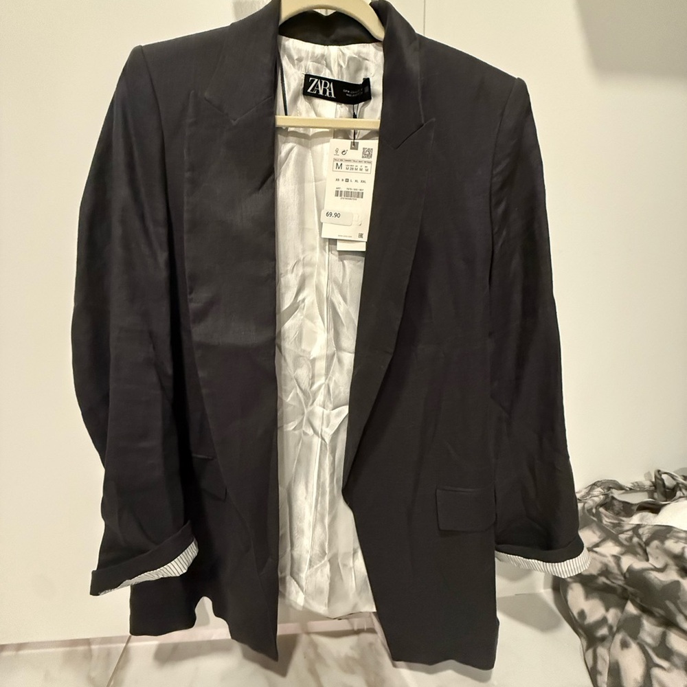 Zara LINEN BLEND PRINTED CUFF BLAZER gray NWT Size Medium